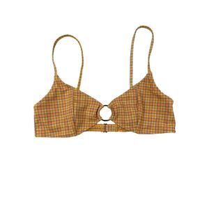La Hana Swim - O Ring Detail Check Bikini Top in Orange & Blue